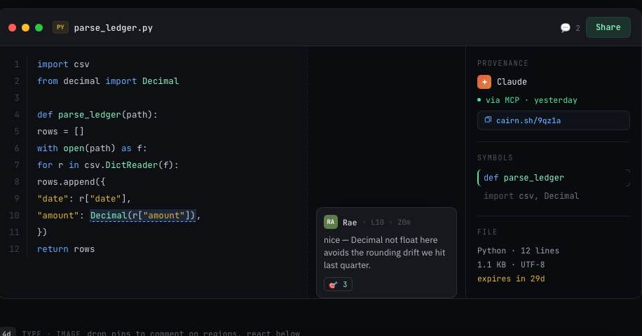 The code viewer showing a twelve-line Python file with line numbers and syntax highlighting. A comment from Rae is anchored to line 10 and the highlighted expression on that line is underlined; the right-hand rail lists provenance, the symbol outline, and file facts — Python, 12 lines, 1.1 KB, expires in 29 days.