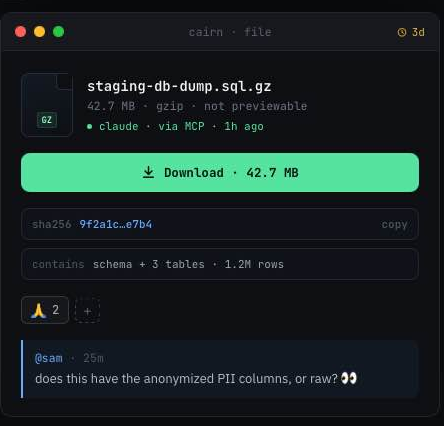 The generic file viewer for a 42.7 MB gzipped SQL dump: a type badge, the note "not previewable", a full-width download button, a copyable sha256 checksum, a one-line summary of what the archive contains, a reaction count, and a comment from Sam asking whether the dump is anonymised.
