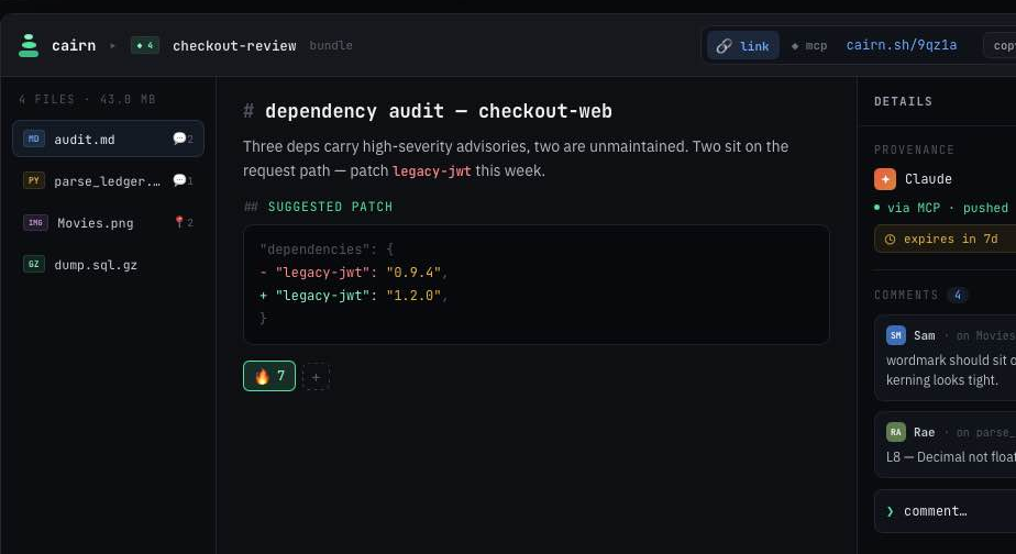 The bundle viewer: a left rail listing four files — a markdown document, a Python file, a PNG and a gzipped dump, each with its own comment or pin count — the selected markdown file rendered in the middle, and a right-hand rail carrying provenance, the expiry, and comments that name the file each was left on.